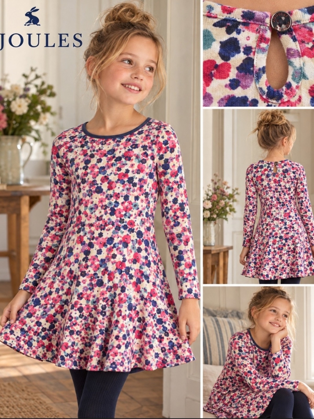 Joules Pink Navy Floral Long-Sleeve Swing Dress